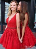 Red Lace Applique Homecoming Dresses V Neck Tulle Short Prom Dress ARD1473-SheerGirl