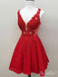 Vestidos de Fiesta con cuentas de encaje rojo, cuello en V, corto, línea A, vestido patinador Hoco APD3483 