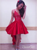 Red Lace High Low Homecoming Dresses Spaghetti Strap Satin Prom Dress ARD1747-SheerGirl