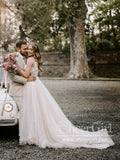 Romantic Tulle & Blossom Net A-line Gown with Lace Straps Sweep Train Wedding Dress AWD1800-SheerGirl