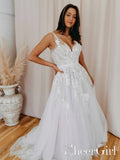 Romantic V Neckline Backless Wedding Dress Appliqued Ball Gown Bridal Gown AWD1707-SheerGirl