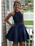 Royal Blue Beaded Halter Homecoming Dresses Backless Short Prom Dress apd1621-SheerGirl