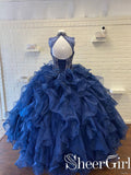 Royal Blue High Neckline Rhinestone Metallic Embroidery Ballgown Flounced Tulle Quinceanera Dress ARD2556-SheerGirl