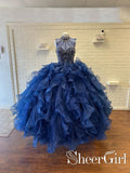 Royal Blue High Neckline Rhinestone Metallic Embroidery Ballgown Flounced Tulle Quinceanera Dress ARD2556-SheerGirl