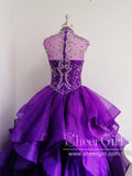 Royal Blue Organza High Neck Quinceanera Dresses Burgundy Prom Dresses APD2860-SheerGirl