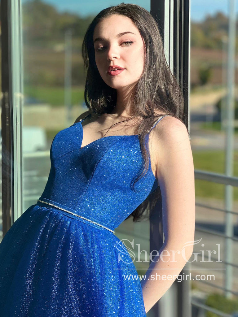 Royal Blue Sparkly Tulle Prom Gown Shiny Ball Gown Corset Back