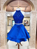 Royal Blue Two Piece Homecoming Dress Open Back Beaded Short Prom Dress ARD1712-SheerGirl