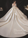 Satin Princess Bow Tie Wedding Dress with Puff Short Sleeves Ball Gown Bridal Dress AWD1796-SheerGirl