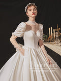 Satin Princess Bow Tie Wedding Dress with Puff Short Sleeves Ball Gown Bridal Dress AWD1796-SheerGirl