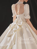 Satin Princess Bow Tie Wedding Dress with Puff Short Sleeves Ball Gown Bridal Dress AWD1796-SheerGirl