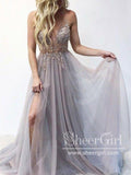 See Through Beaded Bodice A-Line Prom Dress with Thigh Split V Neck Long Evening Dress ARD2439-SheerGirl