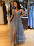 See Through Beaded Bodice A-Line Prom Dress with Thigh Split V Neck Long Evening Dress ARD2439-SheerGirl