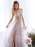 See Through Beaded Bodice A-Line Prom Dress with Thigh Split V Neck Long Evening Dress ARD2439-SheerGirl