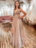 See Through Beaded Bodice A-Line Prom Dress with Thigh Split V Neck Long Evening Dress ARD2439-SheerGirl