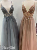 See Through Beaded Bodice A-Line Prom Dress with Thigh Split V Neck Long Evening Dress ARD2439-SheerGirl