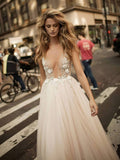 See Through Beaded Bodice Champagne Wedding Gowns V Neck Bridal Dress AWD1333-SheerGirl