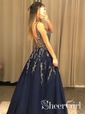 See Through Beaded Bodice V Neck Line Sexy Party Dress Navy Blue Tulle Long Prom Dress ARD2533-SheerGirl