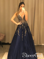 See Through Beaded Bodice V Neck Line Sexy Party Dress Navy Blue Tulle Long  Prom Dress ARD2533