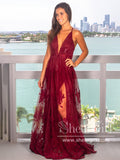 See Through Floral Lace V Neckline A Line Spaghetti Straps Floor Length Prom Dress ARD2577-SheerGirl