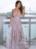 See Through Floral Lace V Neckline A Line Spaghetti Straps Floor Length Prom Dress ARD2577-SheerGirl