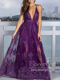 See Through Floral Lace V Neckline A Line Spaghetti Straps Floor Length Prom Dress ARD2577-SheerGirl