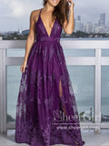 See Through Floral Lace V Neckline A Line Spaghetti Straps Floor Length Prom Dress ARD2577-SheerGirl