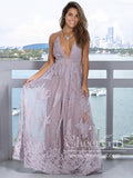 See Through Floral Lace V Neckline A Line Spaghetti Straps Floor Length Prom Dress ARD2577-SheerGirl