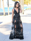 See Through Floral Lace V Neckline A Line Spaghetti Straps Floor Length Prom Dress ARD2577-SheerGirl