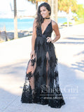 See Through Floral Lace V Neckline A Line Spaghetti Straps Floor Length Prom Dress ARD2577-SheerGirl