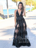 See Through Floral Lace V Neckline A Line Spaghetti Straps Floor Length Prom Dress ARD2577-SheerGirl