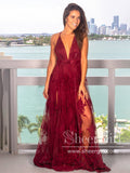 See Through Floral Lace V Neckline A Line Spaghetti Straps Floor Length Prom Dress ARD2577-SheerGirl