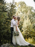 See Through Half Sleeve Ivory Country Wedding Dresses Backless Tulle Wedding Dress AWD1268-SheerGirl