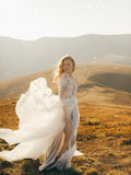 See Through Ivory Country Wedding Dresses Long Sleeve Boho Wedding Dress with Slit AWD1192-SheerGirl