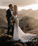 See Through Lace Rustic Wedding Dresses Long Sleeve Mermaid Wedding Dress AWD1165-SheerGirl