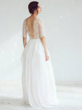 See Through Lace Top Beach Wedding Dresses Half Sleeve Simple Wedding Dress AWD1184-SheerGirl