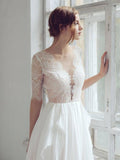 See Through Lace Top Beach Wedding Dresses Half Sleeve Simple Wedding Dress AWD1184-SheerGirl