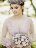 See Through Long Sleeve 3D Lace Appliqued Soft Tulle Beach Wedding Dresses AWD1765-SheerGirl