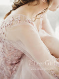 See Through Long Sleeve 3D Lace Appliqued Soft Tulle Beach Wedding Dresses AWD1765-SheerGirl