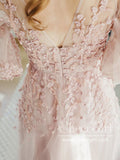 See Through Long Sleeve 3D Lace Appliqued Soft Tulle Beach Wedding Dresses AWD1765-SheerGirl