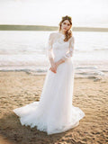 See Through Long Sleeve Beach Wedding Dresses Cheap Tulle Bridal Dress AWD1204-SheerGirl