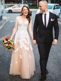 See Through Long Sleeve Lace Applique Champagne Wedding Dresses AWD1272-SheerGirl