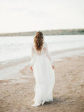 See Through Long Sleeve Lace Appliqued Ivory Beach Wedding Dresses AWD1195-SheerGirl