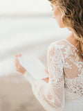 See Through Long Sleeve Lace Appliqued Ivory Beach Wedding Dresses AWD1195-SheerGirl