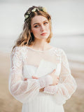 See Through Long Sleeve Lace Appliqued Ivory Beach Wedding Dresses AWD1195-SheerGirl