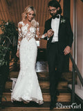 See Through Long Sleeve Mermaid Wedding Dresses Lace Applique Bridal Dress AWD1251-SheerGirl