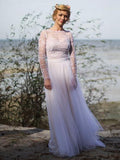 See Through Long Sleeve White Beach Wedding Dresses with Slit AWD1210-SheerGirl