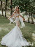 See Through Mermaid Wedding Gown Ivory Lace Fringe Long Sleeves Wedding Dress AWD1645-SheerGirl