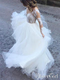 See Through V Neck Lace Wedding Dress Backless Lace Up Tulle Bottom Wedding Gowns AWD1619-SheerGirl