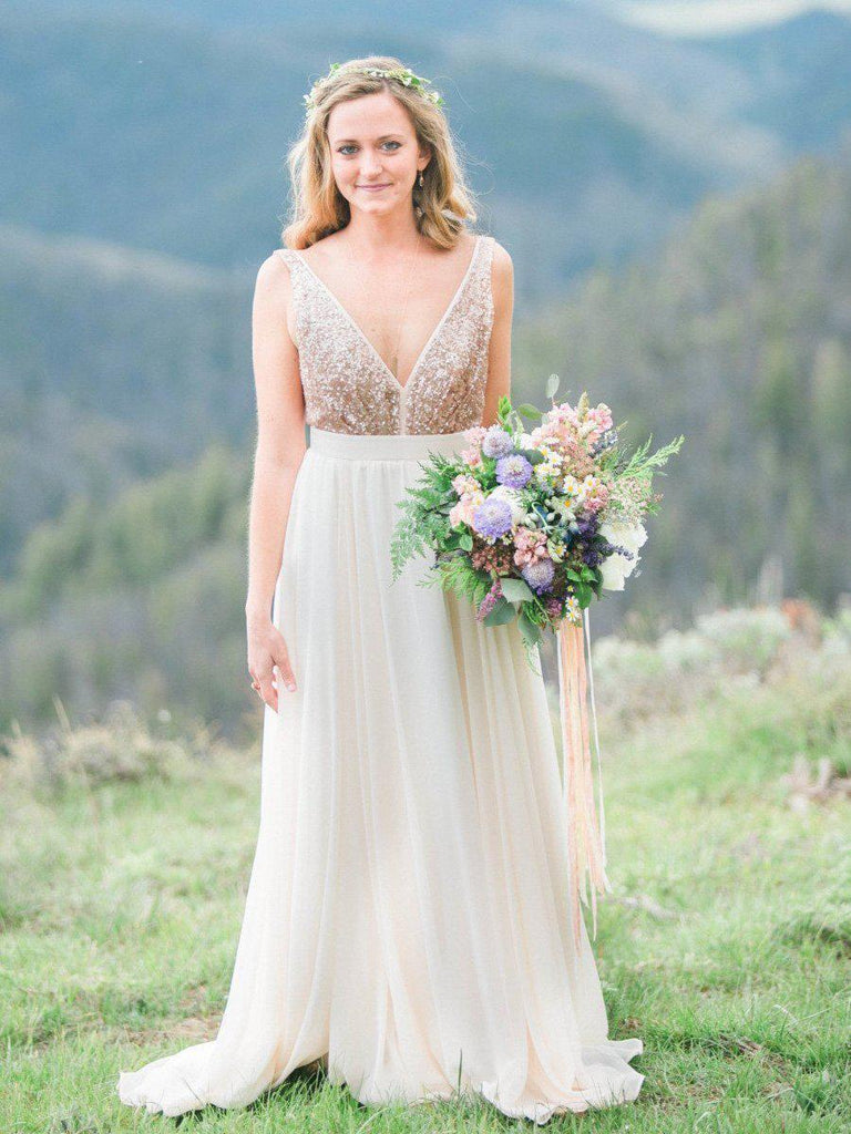 Gold Sequin and Chiffon Backless Simple Beach Wedding Dresses with Sash ...