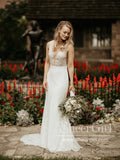 Sequins & Vine Lace Mermaid Gown with Deep V-Neck Front Slit Wedding Dress AWD1787-SheerGirl